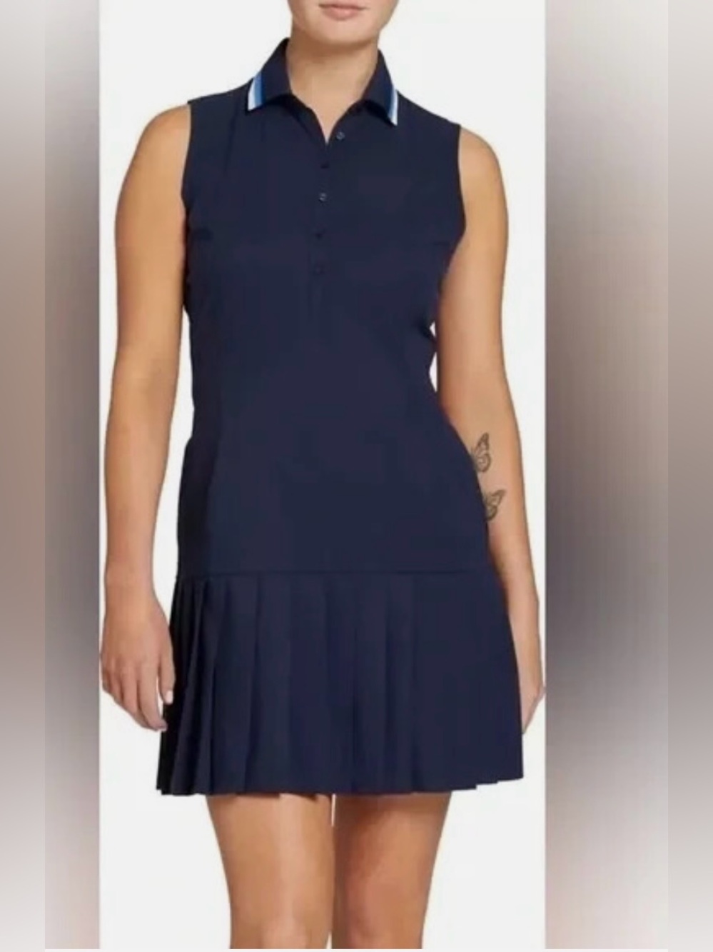 Lady Hagen Navy Sleeveless Polo Dress with Light Blue Collar Stripe